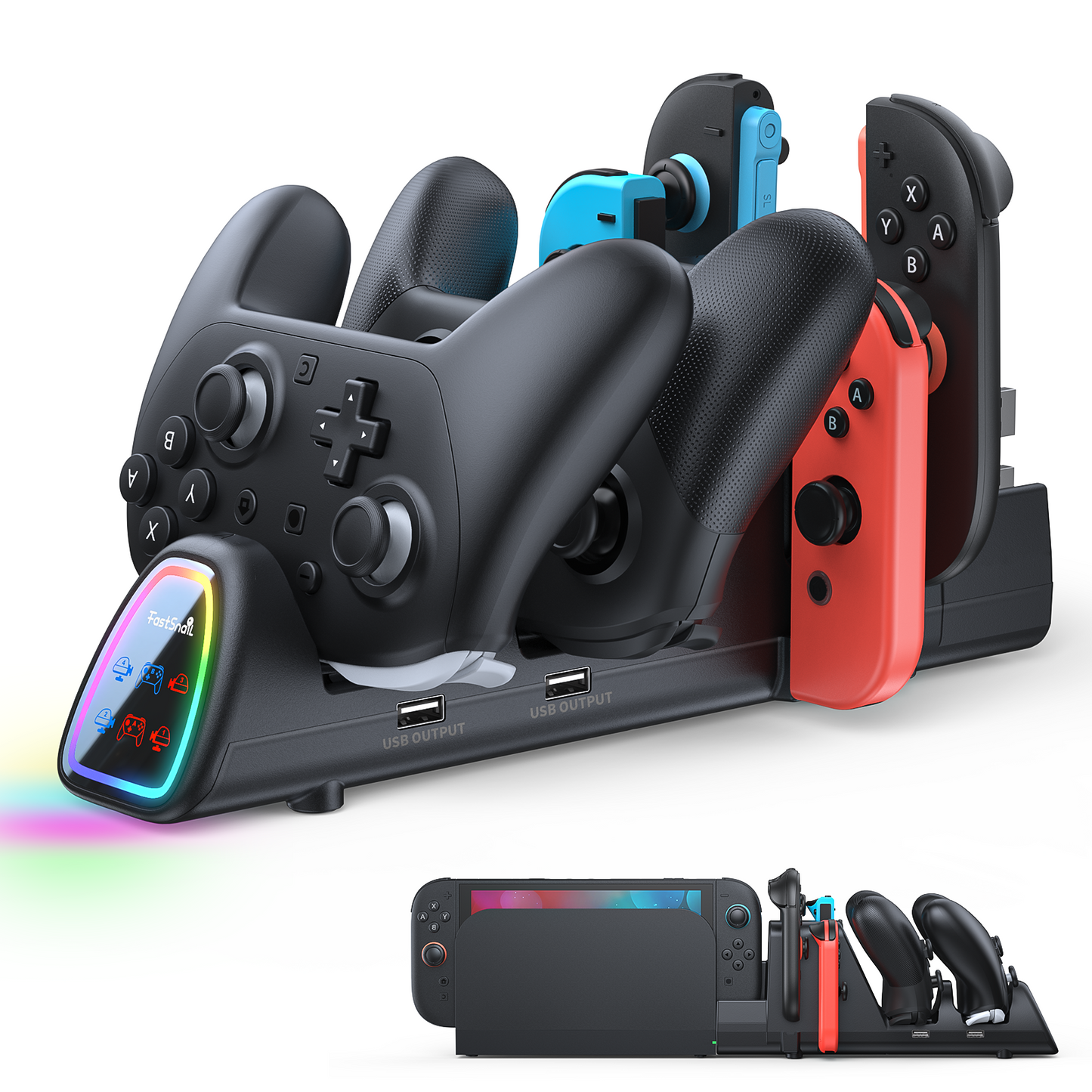 [Switch 1/2 Compatible]  FASTSNAIL Controller Charging Dock for Nintendo Switch 2/1, 10 in 1 Fast Controller Charger Station Stand for Pro Controller 2/1 with 11 RGB Modes, LED Indicator