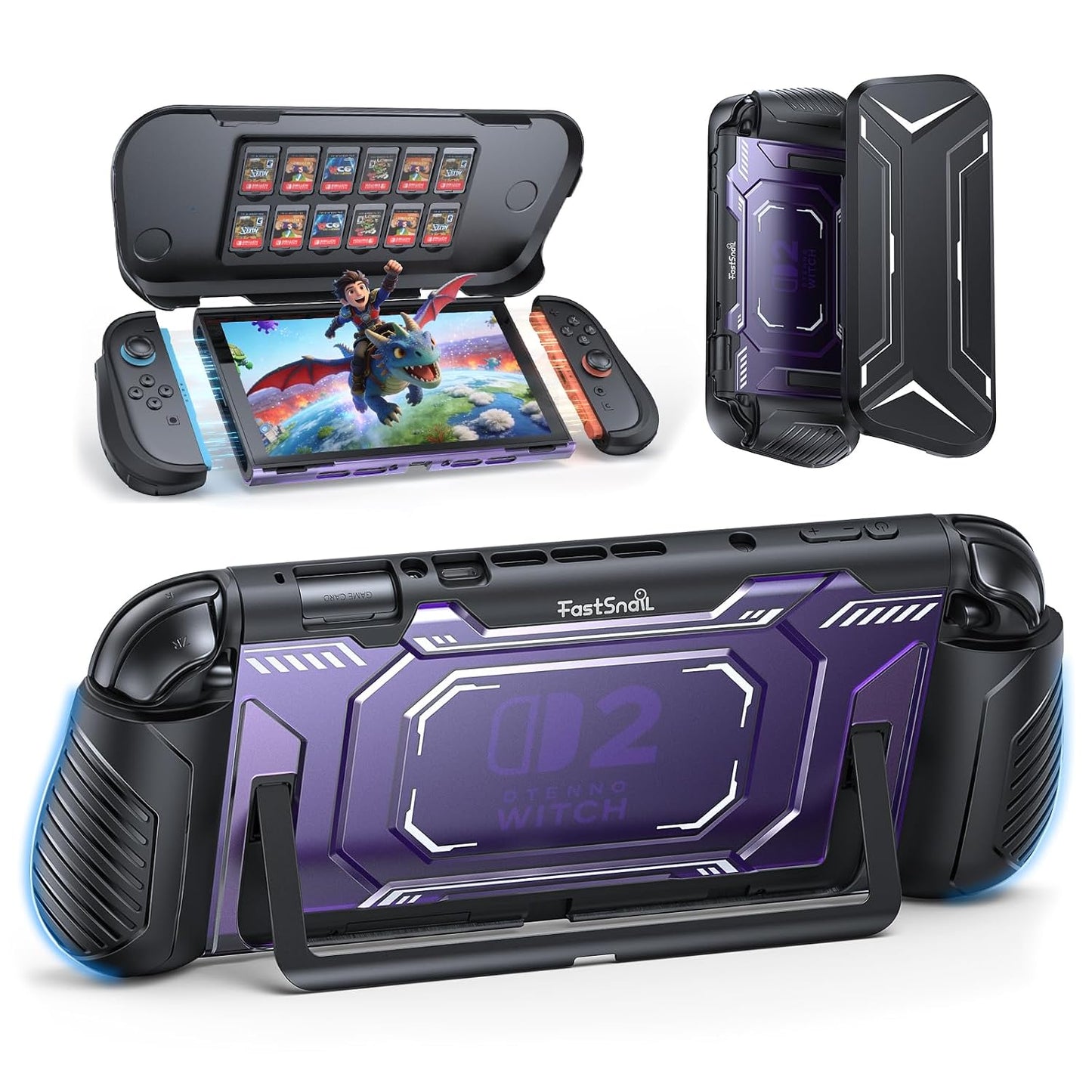 FastSnail Dockable Protective Case for Nintendo Switch 2 with Front Cover, Ergonomic Grip & 12 Game Card Slots
