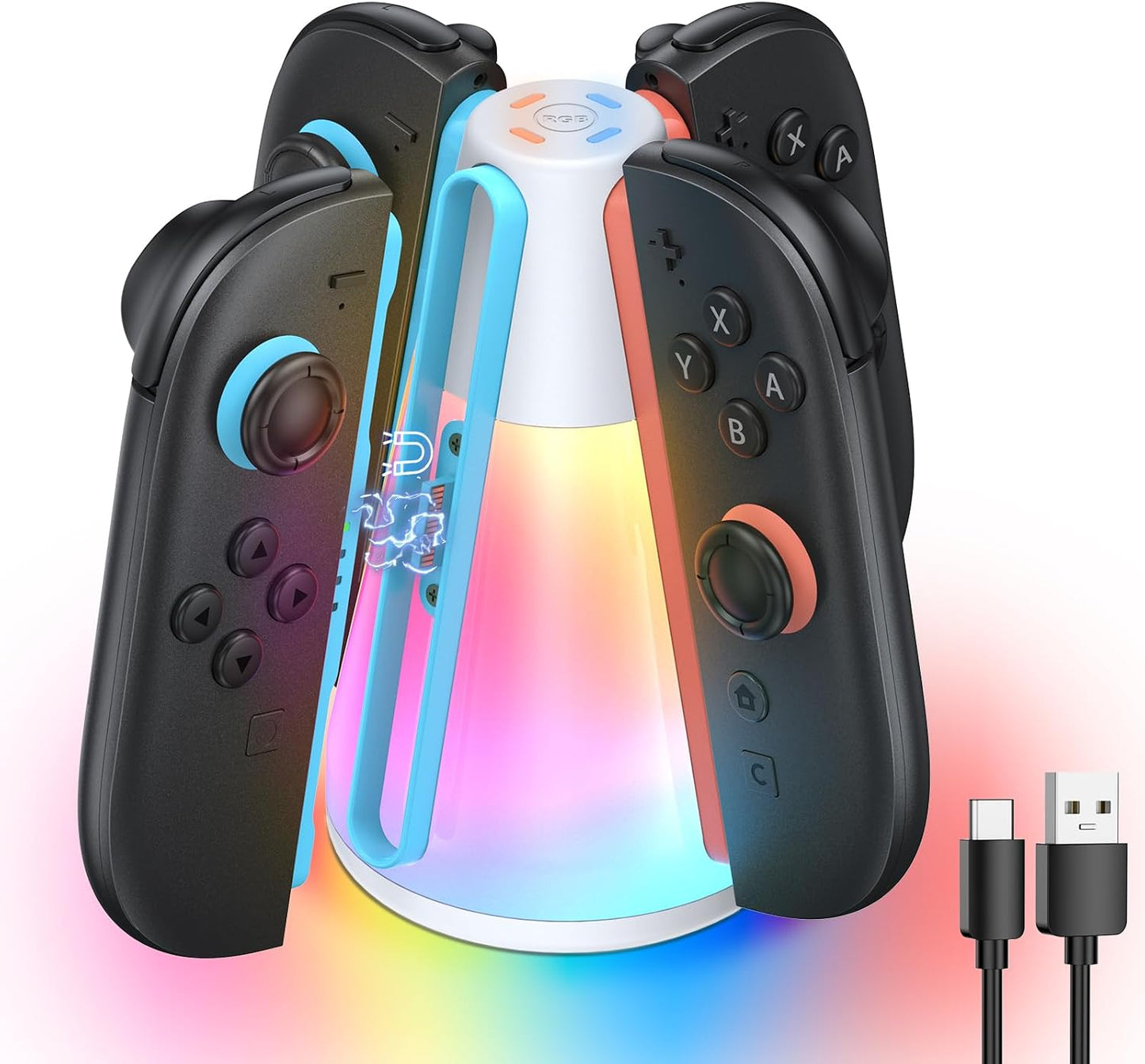 FASTSNAIL Switch 2 Controller Charger for Nintendo Switch 2 for JoyCon 2 | 4 in 1 Fast Switch 2 Joypad Charging Dock, Dual-Direction Magnetic Charger Station, 10 RGB & Night Light, for Joycon 2 Stand