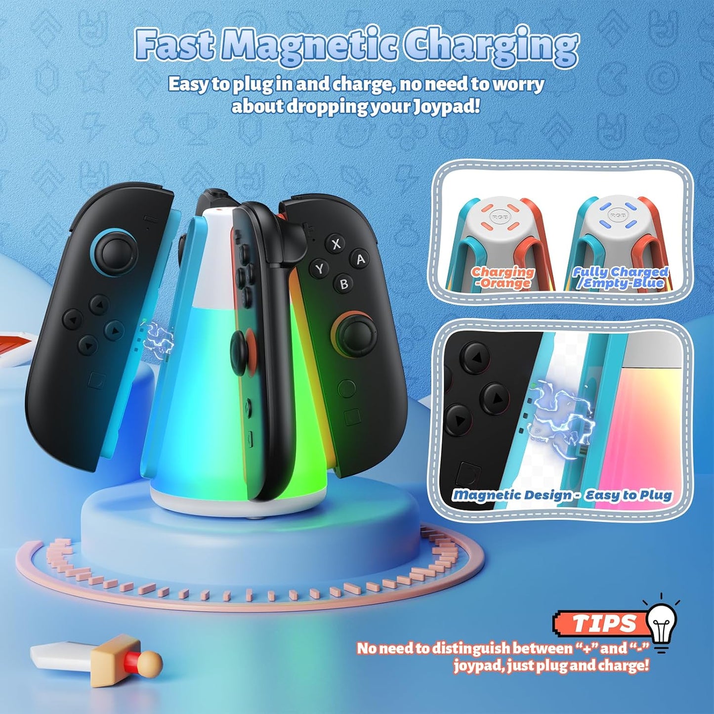 FASTSNAIL Switch 2 Controller Charger for Nintendo Switch 2 for JoyCon 2 | 4 in 1 Fast Switch 2 Joypad Charging Dock, Dual-Direction Magnetic Charger Station, 10 RGB & Night Light, for Joycon 2 Stand