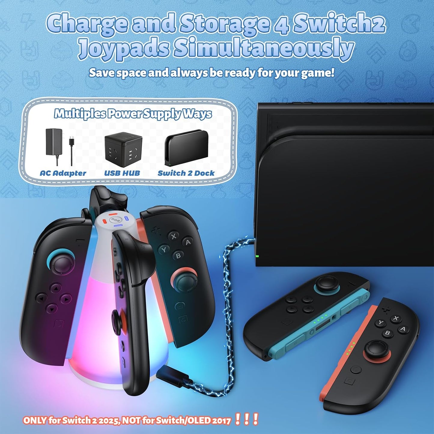 FASTSNAIL Switch 2 Controller Charger for Nintendo Switch 2 for JoyCon 2 | 4 in 1 Fast Switch 2 Joypad Charging Dock, Dual-Direction Magnetic Charger Station, 10 RGB & Night Light, for Joycon 2 Stand