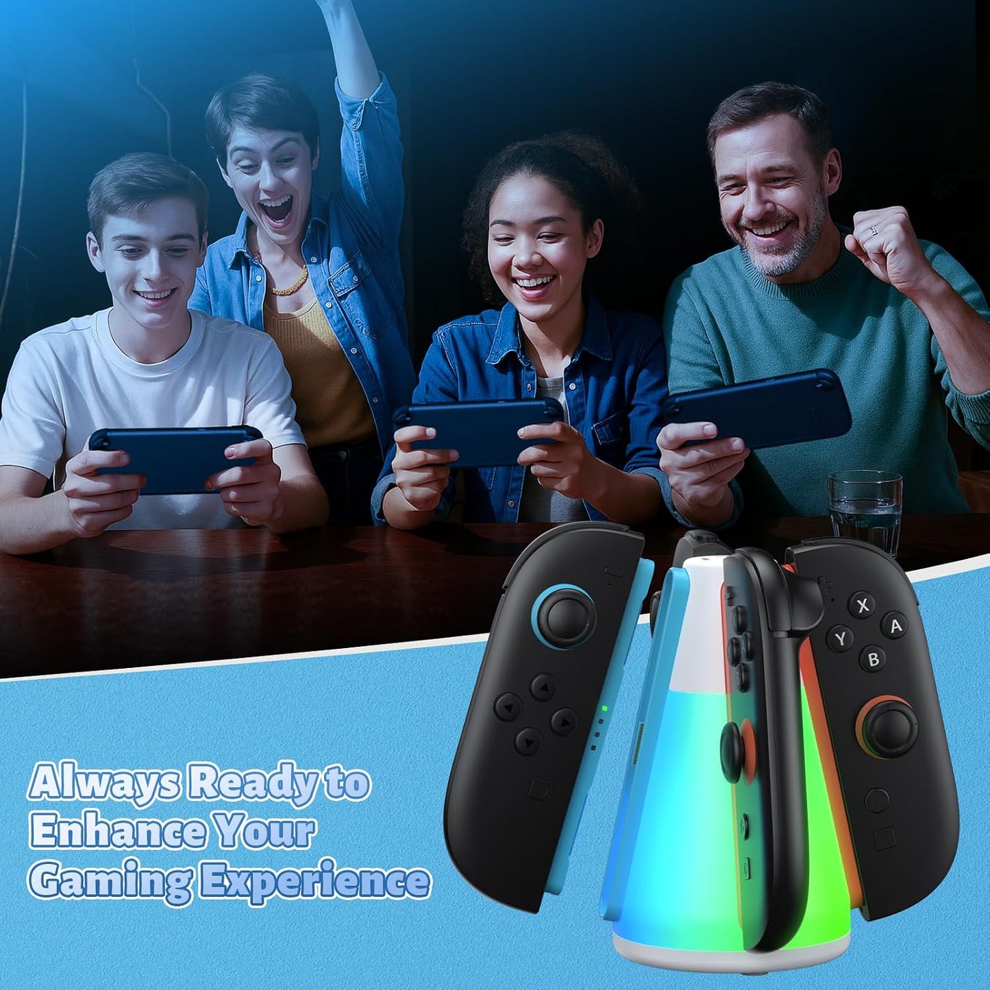 FASTSNAIL Switch 2 Controller Charger for Nintendo Switch 2 for JoyCon 2 | 4 in 1 Fast Switch 2 Joypad Charging Dock, Dual-Direction Magnetic Charger Station, 10 RGB & Night Light, for Joycon 2 Stand